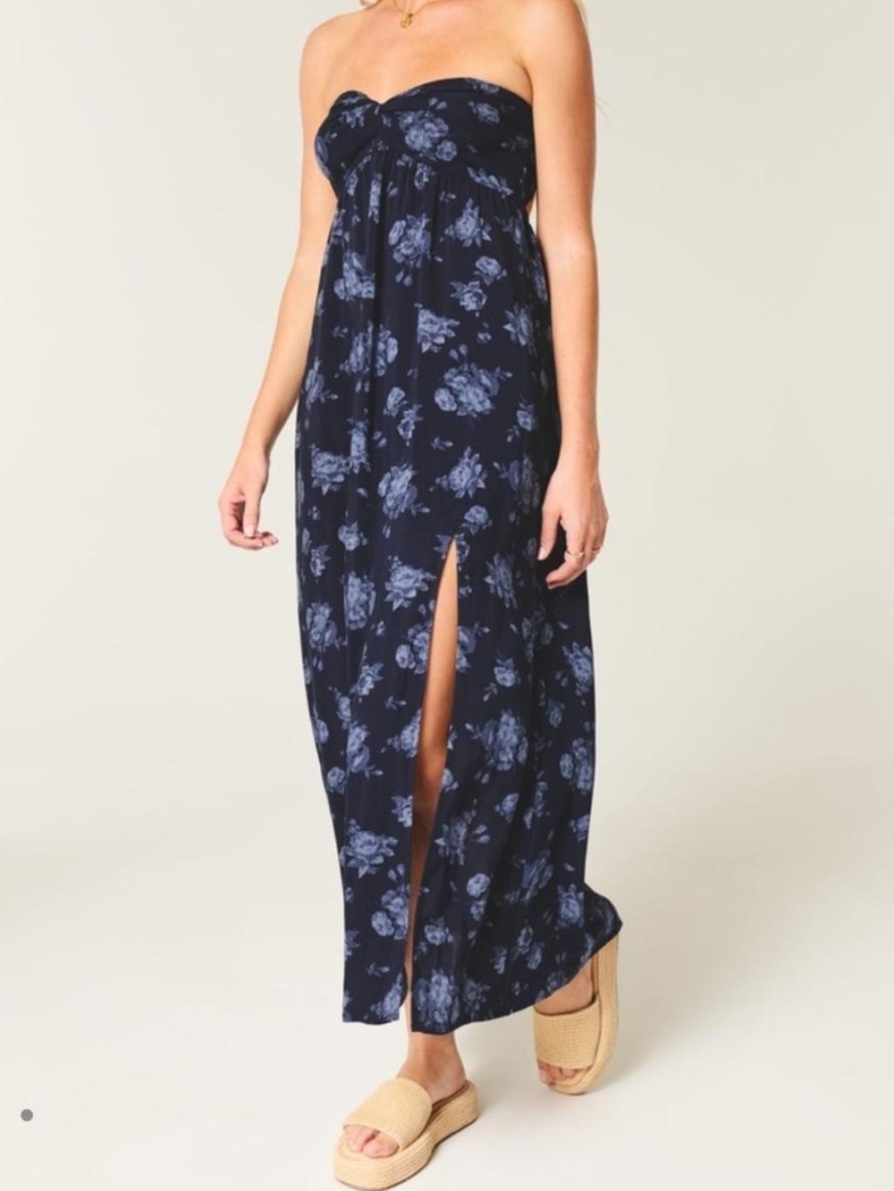 Hollister Navy Strapless Floral Maxi with Front Slit